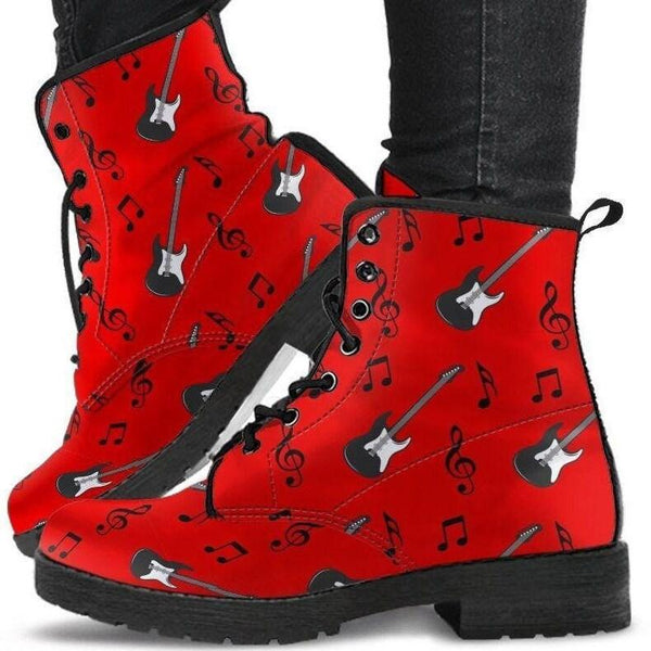 Guitar Music Red- Vintage Style Festival Combat, Boho Hippie Boots Lace up, Classic Short boots - MaWeePet- Art on Apparel