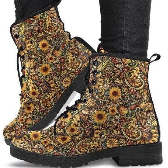Sunflower Womans Combat boots, , Handcrafted Boots, ankle boots Lace up, Classic Short boots - MaWeePet- Art on Apparel